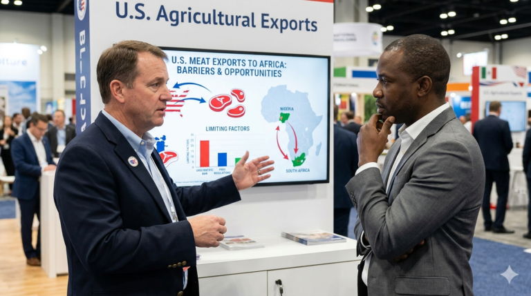 Featured image for trade analysis article, illustrating a professional discussion regarding the Africa Growth and Opportunity Act (AGOA) and current regulatory challenges for American red meat exports to sub-Saharan Africa.