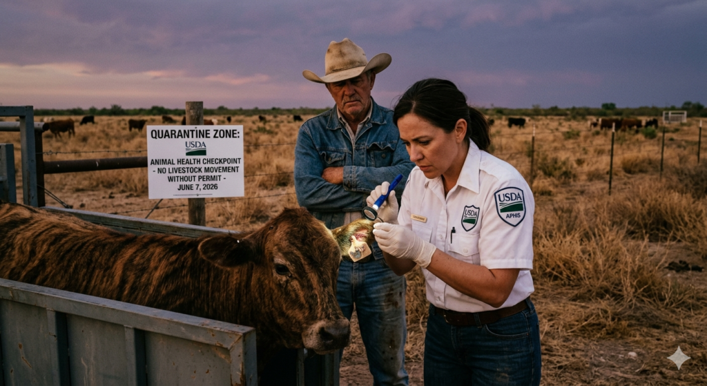A USDA animal health inspector examines a calf for New World screwworm at a quarantine checkpoint in Texas, with a rancher watching, June 2026.