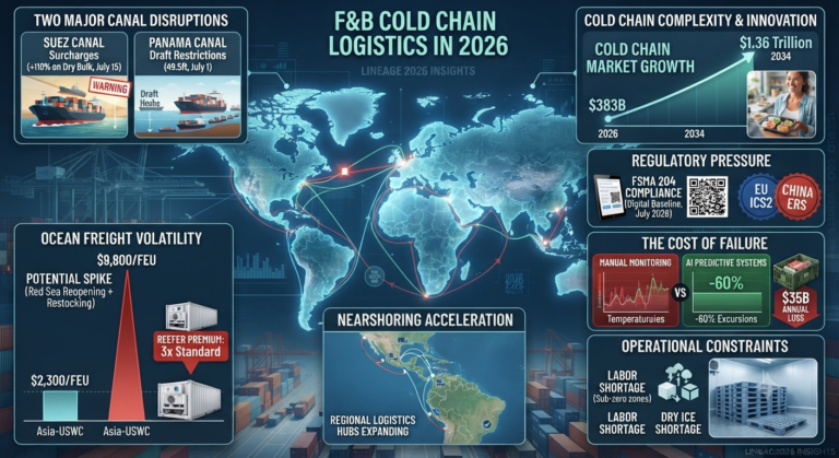 An infographic illustrating 2026 cold chain logistics challenges, including canal surcharges, Panama Canal draft restrictions, and the role of AI in improving temperature-controlled freight efficiency.