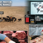 Infographic showing a dry, cracked landscape representing low US cattle inventory, a global supply chain map, and retail price comparisons between record-high beef and poultry in 2026.