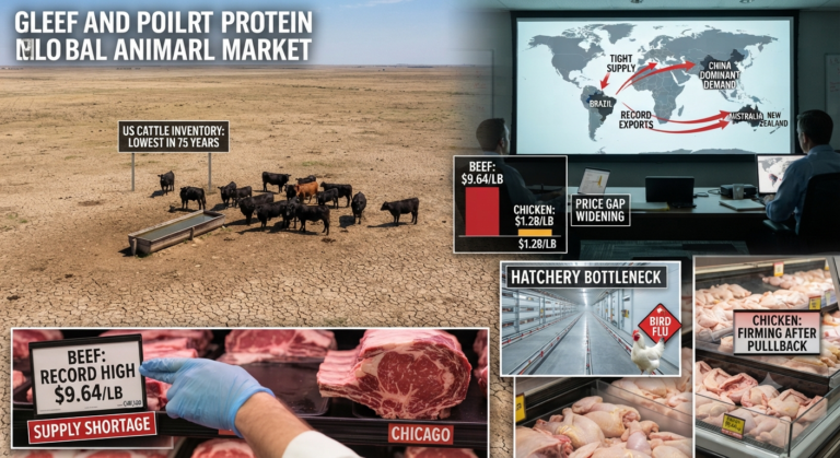 Infographic showing a dry, cracked landscape representing low US cattle inventory, a global supply chain map, and retail price comparisons between record-high beef and poultry in 2026.