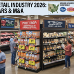 Interior of a modern supermarket showing price reduction signage, private label products, and data overlays highlighting the Kroger acquisition of Giant Eagle and the rising trend of private label market share.
