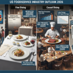 An infographic showing the 2026 US foodservice market bifurcation, featuring a mix of automated restaurant kiosks, rising beef cost pressures, and the impact of GLP-1 medications on consumer dining habits.