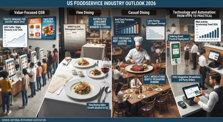 An infographic showing the 2026 US foodservice market bifurcation, featuring a mix of automated restaurant kiosks, rising beef cost pressures, and the impact of GLP-1 medications on consumer dining habits.