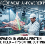 A worker in a processing plant using AI-powered computer vision to guide precision meat cutting for maximum yield.