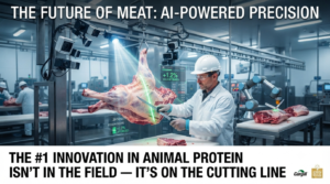 A worker in a processing plant using AI-powered computer vision to guide precision meat cutting for maximum yield.