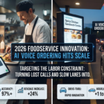 Split-screen graphic showing 2026 foodservice innovation: a professional kitchen chef using an AI voice-ordering tablet on the left, and a customer using AI voice-ordering at a drive-thru kiosk on the right. Text highlights 97% accuracy, revenue growth, and labor constraint solutions.