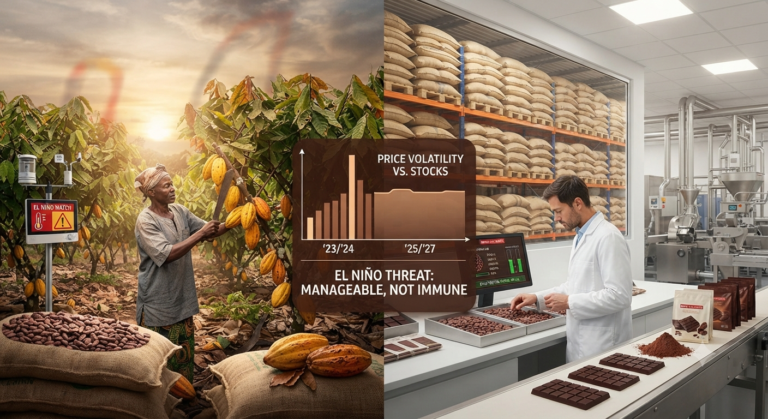 A split-screen image illustrating the cocoa supply chain. On the left, a west african cocoa farmer works in a sun-drenched grove with cocoa pods and a digital "el niño watch" monitor showing a warning icon. On the right, a professional in a modern, sterile factory environment monitors quality control with cocoa beans and chocolate bars on a conveyor belt, with stacks of burlap sacks visible in the background. A central graphic overlays both sides, featuring a bar chart comparing high price volatility during the '23/'24 period against a stabilized outlook for '25/'27, with the text "el niño threat: manageable, not immune. "