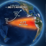 A globe centered on the Pacific Ocean showing a large red thermal anomaly indicating the El Niño 2026 event, with a rising trend graph, and side panels highlighting agricultural impact risks in Australia, India, the U.S. Corn Belt, and Brazil.