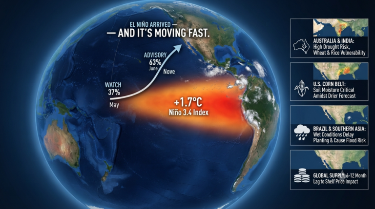 A globe centered on the Pacific Ocean showing a large red thermal anomaly indicating the El Niño 2026 event, with a rising trend graph, and side panels highlighting agricultural impact risks in Australia, India, the U.S. Corn Belt, and Brazil.