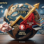 Infographic representing the Global Poultry Quarterly Q3 2026 report, showing an upward growth trend of 3–3.5% alongside the specific trade risk of the EU export ban on Brazilian poultry products effective September 3, 2026.