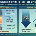 US grocery inflation held at 2.7% in June as food-at-home prices rose 0.2%, while headline CPI posted its biggest monthly drop since April 2020.