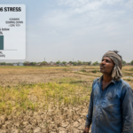 An Indian farmer looking at a dry, cracked field during the 2026 monsoon season, overlaid with a chart showing a 40% rainfall deficit and reduced summer crop sowing.