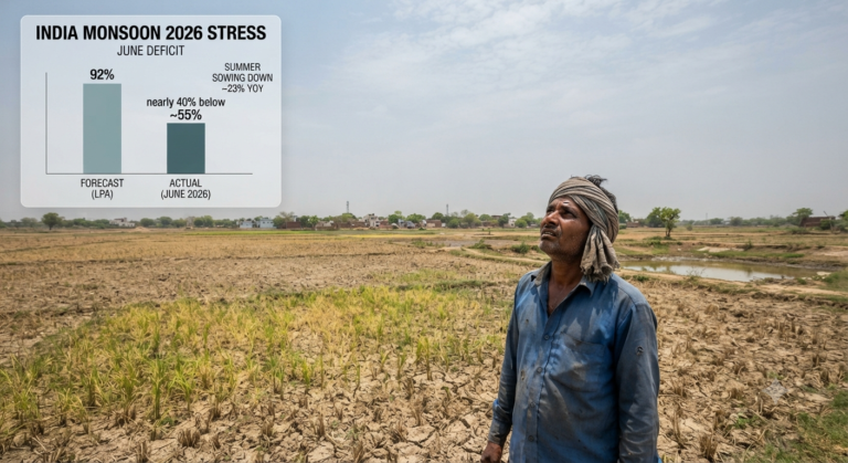 An Indian farmer looking at a dry, cracked field during the 2026 monsoon season, overlaid with a chart showing a 40% rainfall deficit and reduced summer crop sowing.