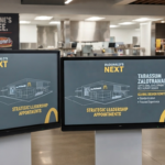 Digital display boards at a McDonald's restaurant showcasing the 'McDonald's Next' strategy, highlighting the leadership appointments of Bryan Brown as US Chief Development Officer and Tabassum Zalotrawala as SVP of Global Development and Restaurant Design.