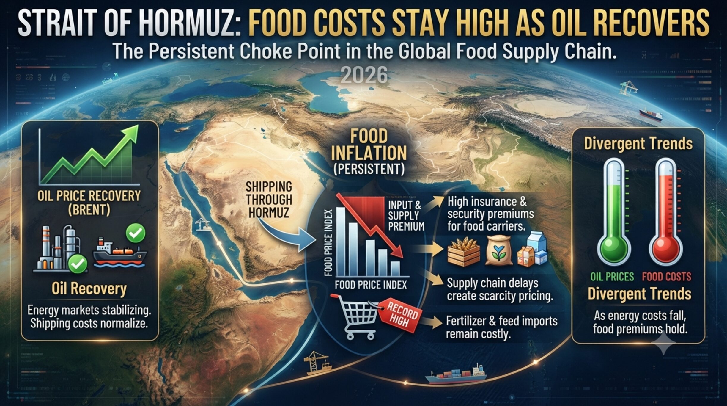 Strait of hormuz: food costs stay high as oil recovers