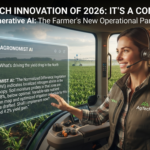 A female farmer in a tractor cabin interacting with a holographic generative AI interface, showcasing the #1 agtech innovation of 2026: conversational AI agronomy software providing real-time data-driven field insights.