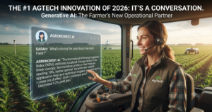 A female farmer in a tractor cabin interacting with a holographic generative AI interface, showcasing the #1 agtech innovation of 2026: conversational AI agronomy software providing real-time data-driven field insights.