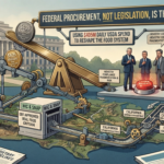 An intricate conceptual illustration visualizing the "Federal Procurement, Not Legislation" thesis for reshaping the U.S. food system. A Rube Goldberg-style machine, powered by massive coins labeled "$405 Million Daily USDA Spend," manipulates levers and gears to direct food supplies from the USDA building toward "School Lunch" and "WIC & SNAP" programs. On the right, executives observe a bypassed "FEDERAL MANDATE" button, while a complex "State Patchwork" maze featuring conflicting state-level regulations (e.g., California ultraprocessed bans, Texas SNAP limits) illustrates industry fragmentation. Documents labeled "Dietary Guidelines" and "GRAS Reform" are in the foreground.