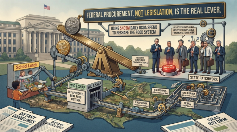 An intricate conceptual illustration visualizing the "Federal Procurement, Not Legislation" thesis for reshaping the U.S. food system. A Rube Goldberg-style machine, powered by massive coins labeled "$405 Million Daily USDA Spend," manipulates levers and gears to direct food supplies from the USDA building toward "School Lunch" and "WIC & SNAP" programs. On the right, executives observe a bypassed "FEDERAL MANDATE" button, while a complex "State Patchwork" maze featuring conflicting state-level regulations (e.g., California ultraprocessed bans, Texas SNAP limits) illustrates industry fragmentation. Documents labeled "Dietary Guidelines" and "GRAS Reform" are in the foreground.