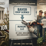 Collage graphic showing a Supreme Court gavel representing the Monsanto v. Durnell ruling, a Bayer Crop Science organizational chart highlighting the new Ruveon LLC subsidiary, and farmers reviewing a petition for anti-dumping duties on glyphosate.