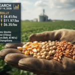 Close-up of a gloved hand holding a mix of corn, soybeans, and wheat kernels in a field, overlaid with text detailing the July 14, 2026, market rally and key drivers like USDA supply cuts.