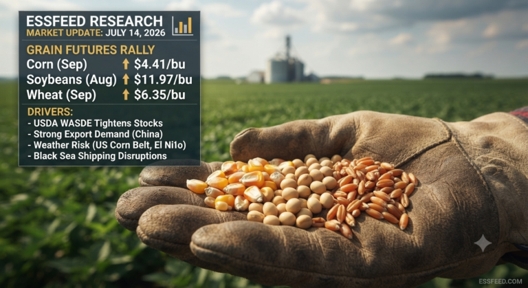 Close-up of a gloved hand holding a mix of corn, soybeans, and wheat kernels in a field, overlaid with text detailing the july 14, 2026, market rally and key drivers like usda supply cuts.