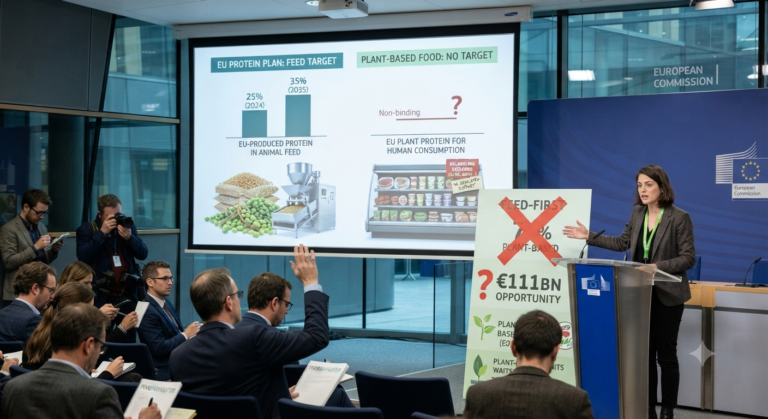 A press conference at the european commission headquarters in 2026 showing a presentation screen comparing the eu's 35% animal feed protein target against the lack of targets for plant-based human food, with a speaker addressing the policy backlash.