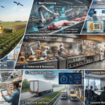 Collage of 2026 food and beverage industry technologies, including autonomous tractors, AI meat processing robots, precision fermentation labs, automated restaurant kitchens, electronic shelf labels, smart cold chain logistics, and digital twin corporate management.