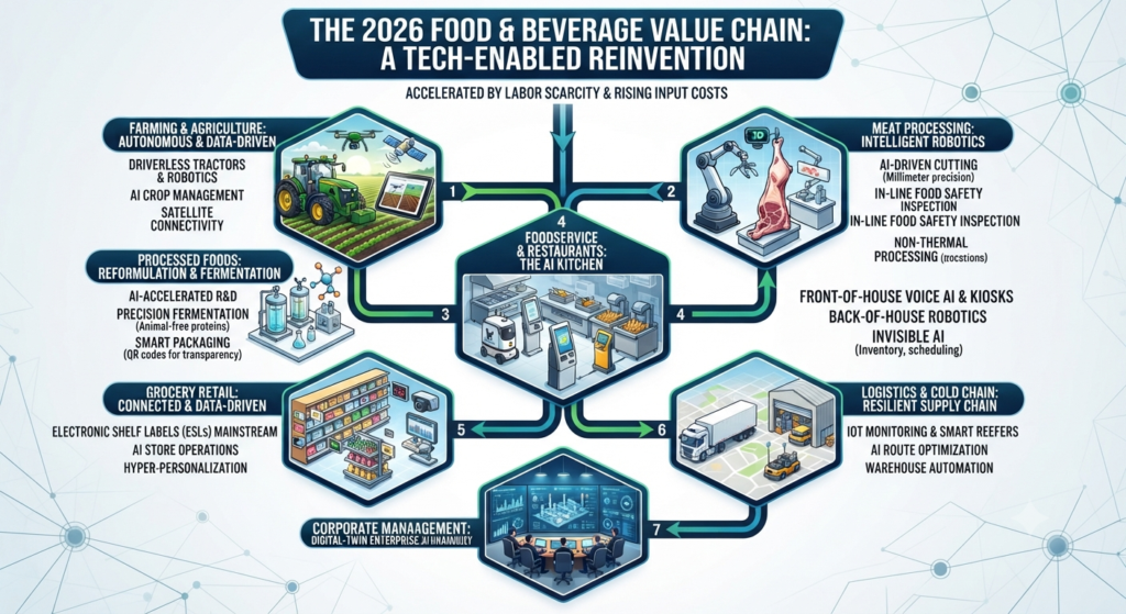 Food And Beverage Technology Innovation Reshaping The Value Chain In 2026 1 Infographic showing the 2026 food and beverage value chain, mapping seven key sectors from farming to corporate management, driven by labor scarcity and ai innovation.