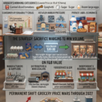 Discover how Kroger beat Walmart and Aldi in recent grocery price wars, driving structural changes in private labels, manufacturer margins, and retail strategy through 2027.