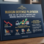 Special report cover titled Margin Defense Playbook: How the Top 100 F&B Companies Are Winning When Pricing Hits a Wall, featuring infographics on revenue at risk, supply chain metrics, and operational strategies for the food and beverage industry.