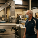 A Mars employee standing in the Hazelwood, Missouri manufacturing facility, with production machinery and pallets of Nature's Bakery products visible in the background.
