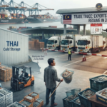 A trade logistics scene at a Thai-Malaysian border crossing in 2026, featuring crates of fresh shrimp, a forklift loading cargo, and a large banner announcing a trade truce. In the background, a downward trend graph illustrates the long-term decline of the Thai shrimp industry since its 2010 peak.