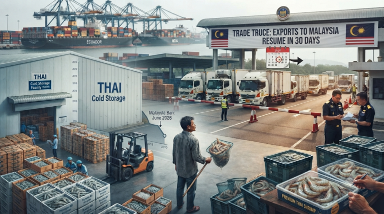 A trade logistics scene at a thai-malaysian border crossing in 2026, featuring crates of fresh shrimp, a forklift loading cargo, and a large banner announcing a trade truce. In the background, a downward trend graph illustrates the long-term decline of the thai shrimp industry since its 2010 peak.
