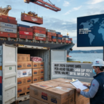 A USMEF worker at a shipping port checking inventory of premium U.S. beef exports destined for international markets, featuring a digital data overlay showing May 2026 export metrics and a global trade map.