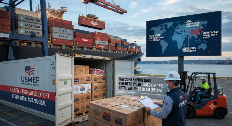 A usmef worker at a shipping port checking inventory of premium u. S. Beef exports destined for international markets, featuring a digital data overlay showing may 2026 export metrics and a global trade map.