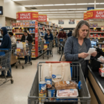 A shopper reviews a grocery receipt at a checkout counter in a US supermarket, with empty-looking shopping carts and 'Price Drop' signs in the background, illustrating a 2026 grocery sales volume slump.