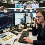 A trader in a financial trading office looking stressed at multiple monitors displaying a massive, erroneous spike in a USDA beef export sales chart, with a document on the desk highlighting the 90% revision from 126,062 to 12,064 metric tons.