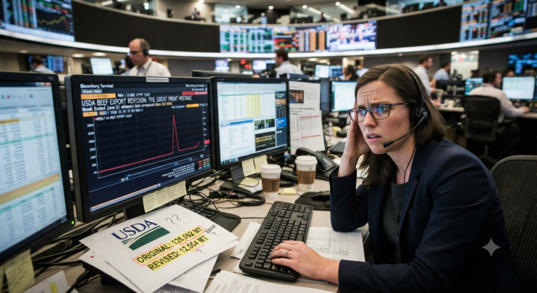 A trader in a financial trading office looking stressed at multiple monitors displaying a massive, erroneous spike in a usda beef export sales chart, with a document on the desk highlighting the 90% revision from 126,062 to 12,064 metric tons.