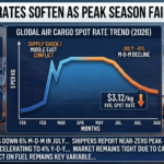 A logistics and freight market infographic showing global air cargo spot rates trending down in July 2026 following supply shocks, with side panels highlighting Transpacific AI-goods demand and Asia-to-Europe e-commerce declines.