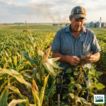 Farmer inspecting corn and soybeans