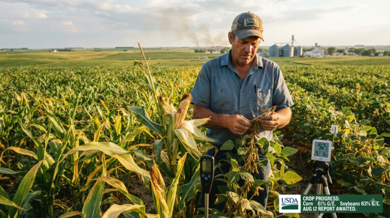 Farmer inspecting corn and soybeans