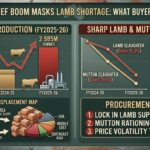 An infographic breaking down Australia's record beef production, export tariff shifts to China and Korea, and the concurrent lamb and mutton supply shortage.