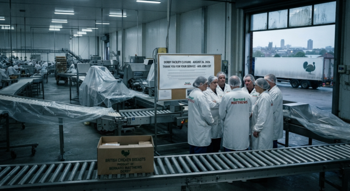 Workers in processing facility discussing closure