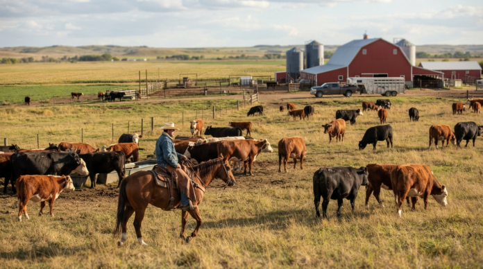Cowboy herding cattle on ranch