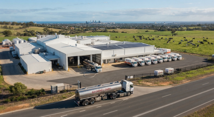 Dairy facility with trucks and cows