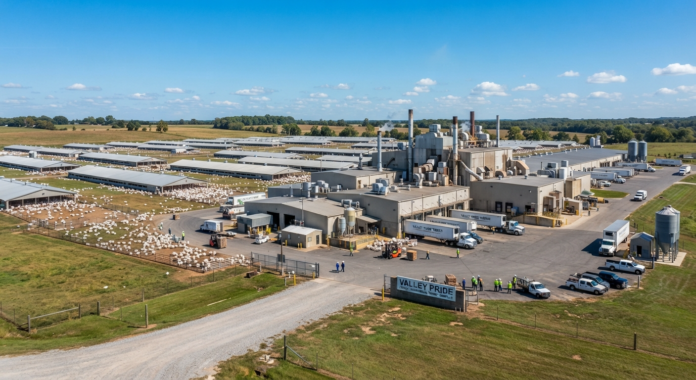 Large poultry processing facility with trucks