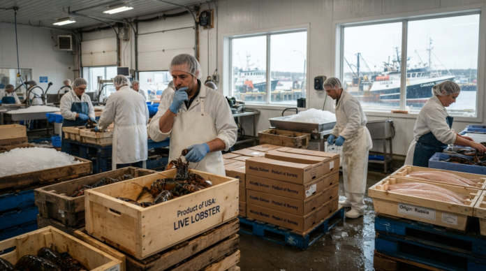 Workers processing live lobster indoors