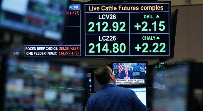 Cattle futures prices displayed on screen